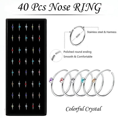 Women’s Crystal Stainless Steel Nose Stud – Hypoallergenic 1.8mm Straight, L, or Screw Nose Ring Jewelry