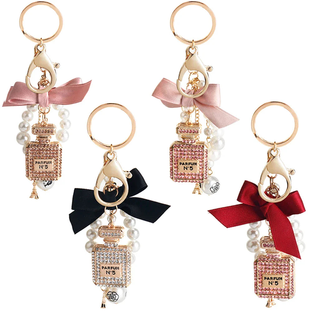 Fashion Pearl Perfume Bottle Keychain — Cute Bow Car & Bag Charm for Women, Creative Key Ring Accessory