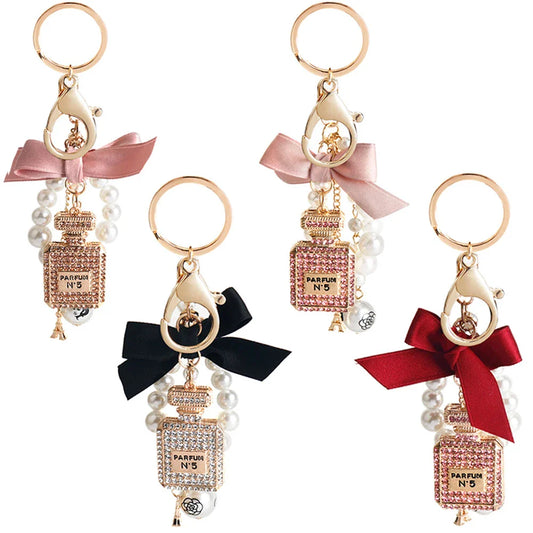 Fashion Pearl Perfume Bottle Keychain — Cute Bow Car & Bag Charm for Women, Creative Key Ring Accessory