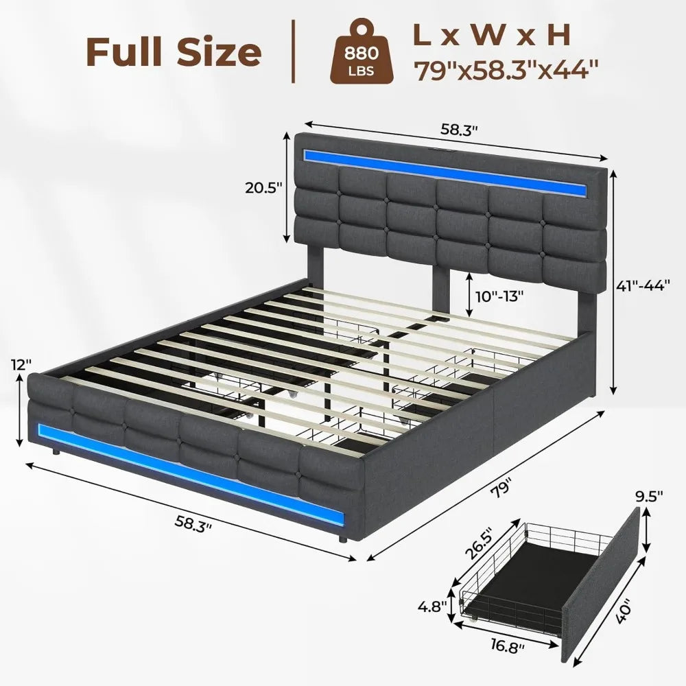 LED Full Size Bed Frame – Upholstered Platform Bed with LED Headboard & Footboard, Square Stitched Tufted Design