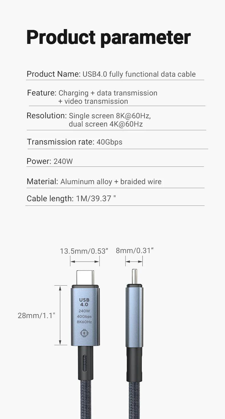 240W USB-C to USB-C Fast Charging Cable — 39.37” Braided High-Speed 40Gbps with 8K Video for iPhone 15 Pro/Max & Samsung Galaxy S22/23