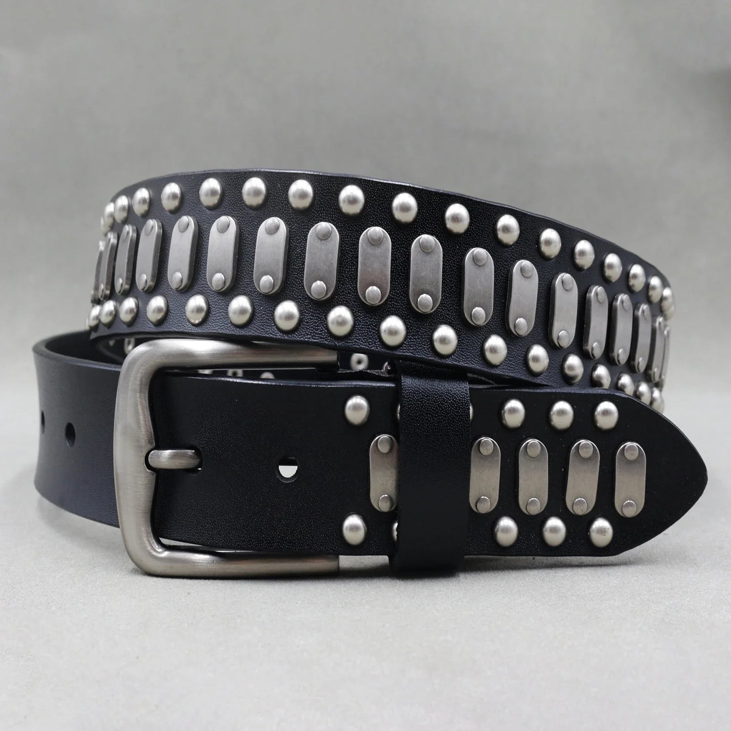 Men’s Designer Rivet Belt – Genuine Cowhide Leather Punk Rock Pin Belt for Jeans, Luxury Black Leather Belt