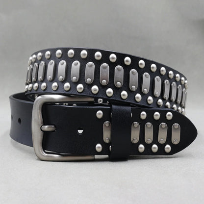 Men’s Designer Rivet Belt – Genuine Cowhide Leather Punk Rock Pin Belt for Jeans, Luxury Black Leather Belt