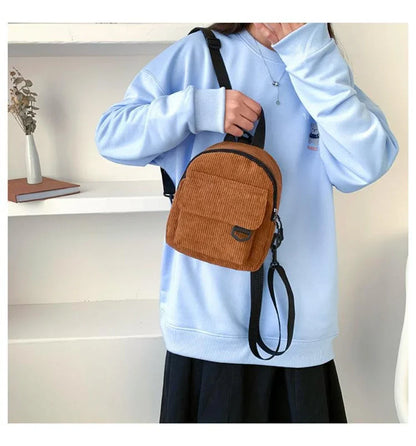 Women's Mini Backpack - Fashionable Solid Color Corduroy Casual Schoolbag with Large Capacity
