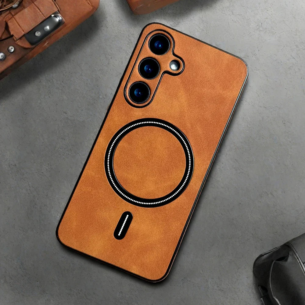 Luxury PU Leather Magnetic Phone Case - MagSafe Compatible Cover for Samsung Galaxy S21, S22, S23, S24, S25 & S26 Series