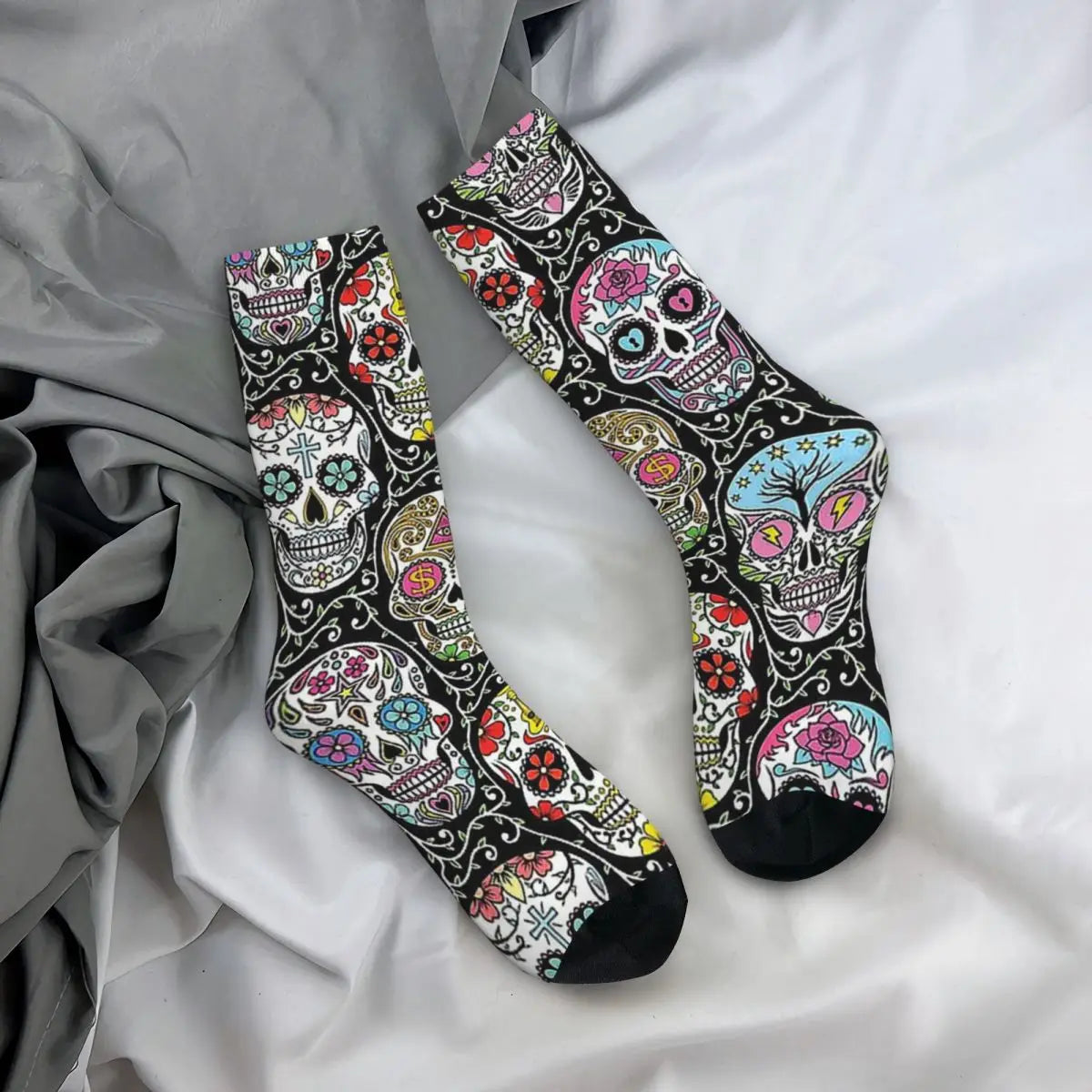 Funny Men’s Socks – Mexican Skull Vintage Harajuku Skeleton Hip Hop Crew Socks with Printed Pattern