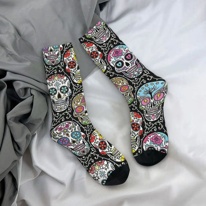 Funny Men’s Socks – Mexican Skull Vintage Harajuku Skeleton Hip Hop Crew Socks with Printed Pattern