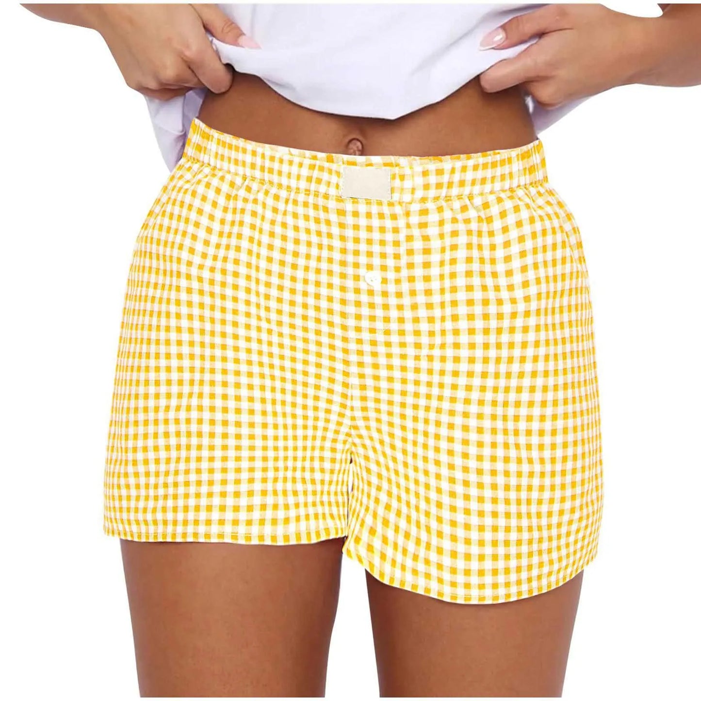 Women’s Teen Girls Elastic Waist Pull-On Red & Blue Plaid Casual Lounge Summer Shorts