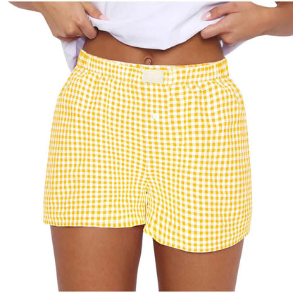 Women’s Teen Girls Elastic Waist Pull-On Red & Blue Plaid Casual Lounge Summer Shorts