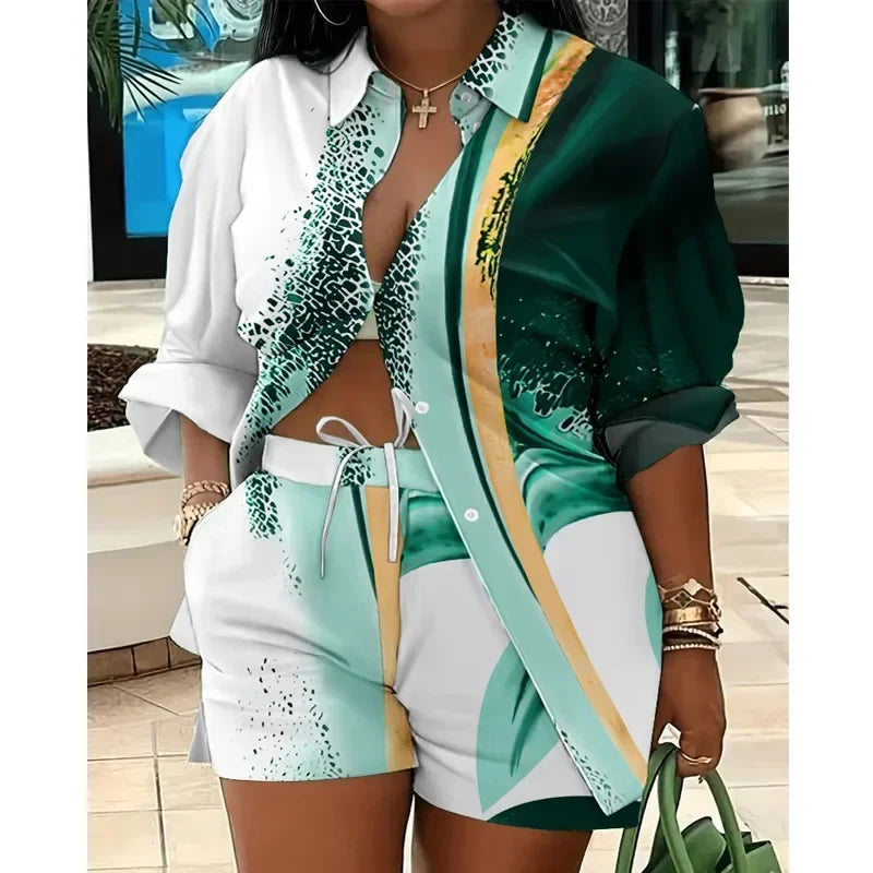 Women’s Colorful Striped Two-Piece Set – Casual Summer Button-Up Long Sleeve Shirt & Shorts Outfit