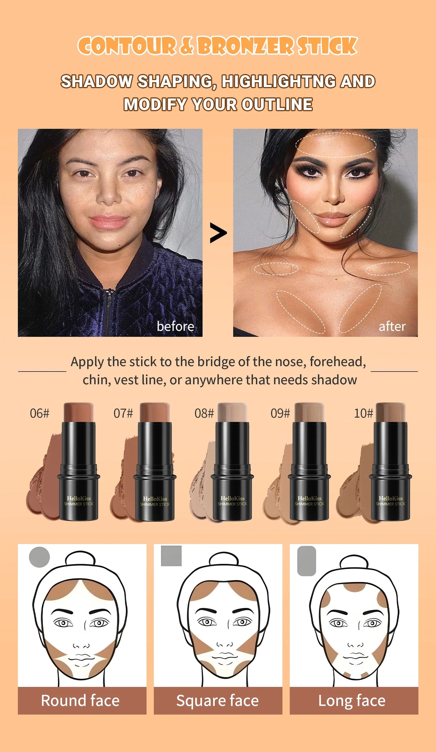 Face Brown Bronzer Contour Stick - Foundation Makeup Pen, Long-Lasting Smooth Contour, Shadow Blusher & Highlight Concealer Cosmetics