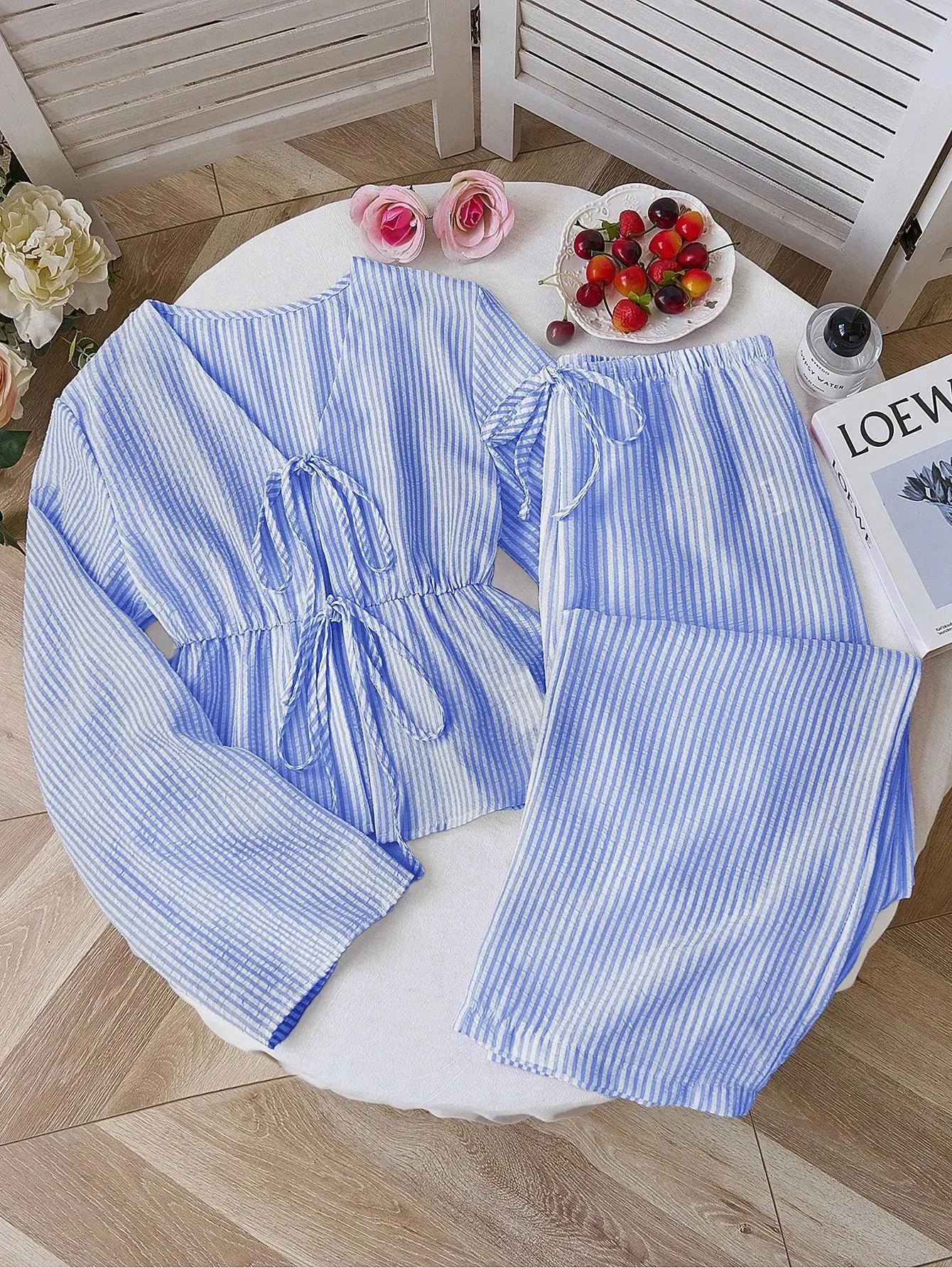 Striped Lace-Up Women’s 2-Piece Matching Set – Casual Office Commuting Outfit, Simple All-Match Two-Piece Set