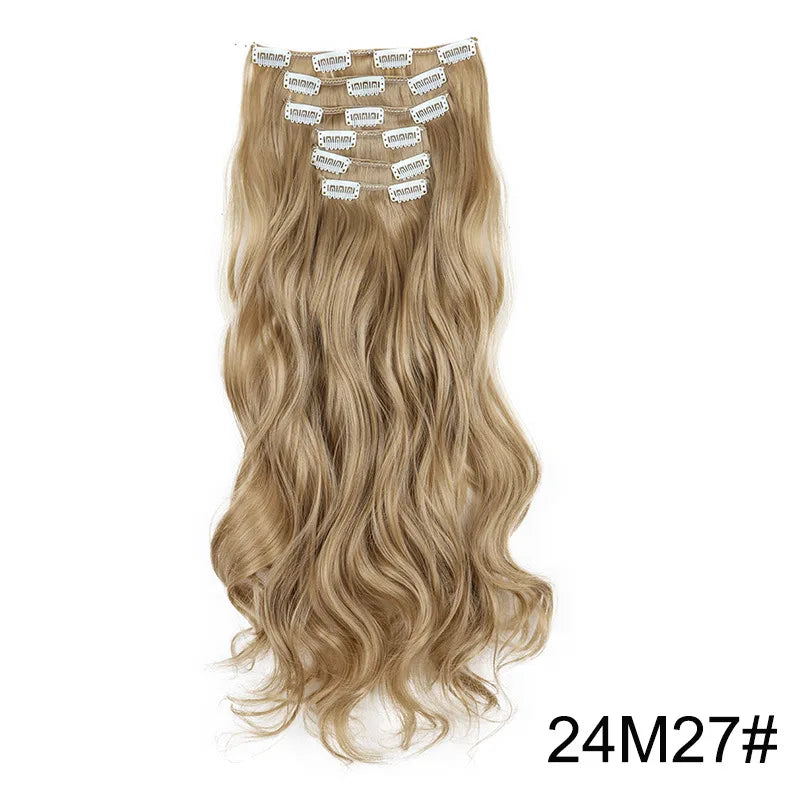 24-Inch 16 Clips-in Hair Extensions – Long Straight Synthetic Blonde & Black Hairpieces, Heat Resistant for Daily Use