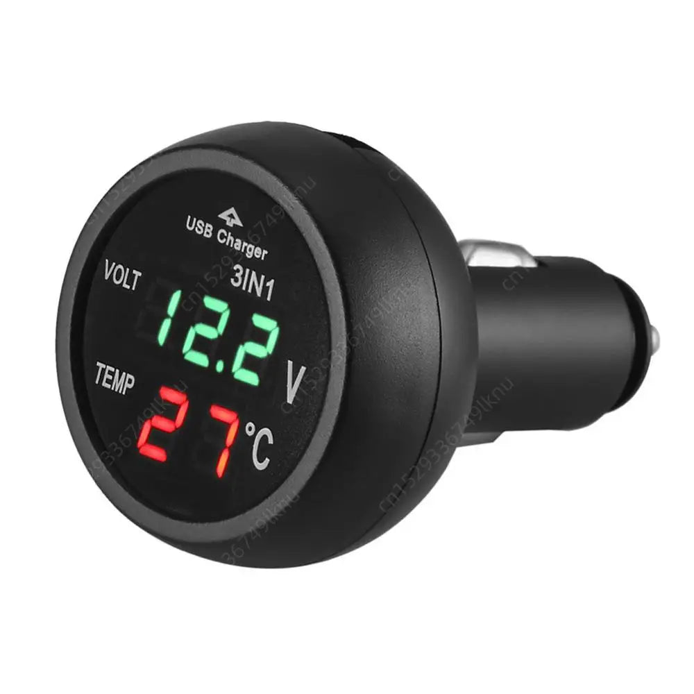 3-in-1 Car Charger & Voltmeter – 12/24V USB Charger with Thermometer, LED Digital Display & Current/Volt Detector