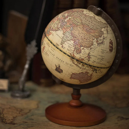 New World Globe – Retro Earth Map with Wooden Base, English Geography Education Desk Decoration