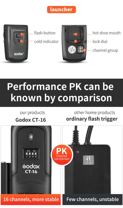 Godox CT-16 16-Channel Wireless Flash Trigger Transmitter & Receiver Set for Canon Nikon Pentax Studio Speedlite