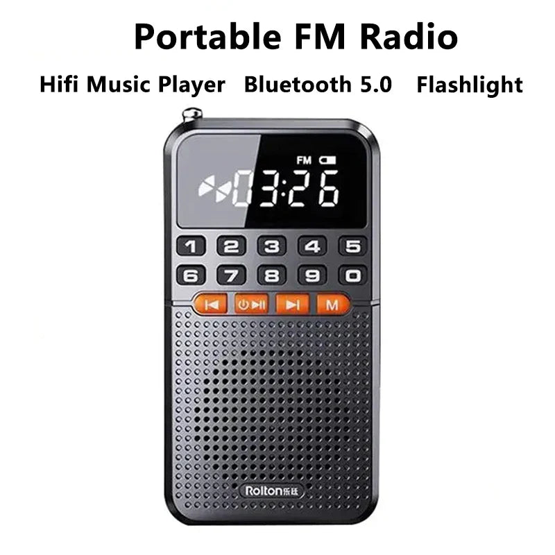 Portable FM Mini Radio: Dual Antenna Pocket Receiver with Bluetooth 5.0 Speaker - TF Card Music Player & LED Flashlight
