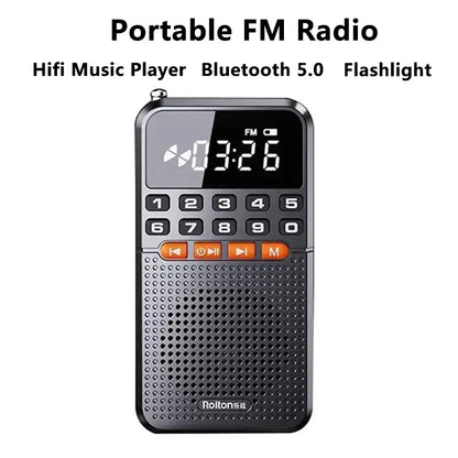 Portable FM Mini Radio: Dual Antenna Pocket Receiver with Bluetooth 5.0 Speaker - TF Card Music Player & LED Flashlight