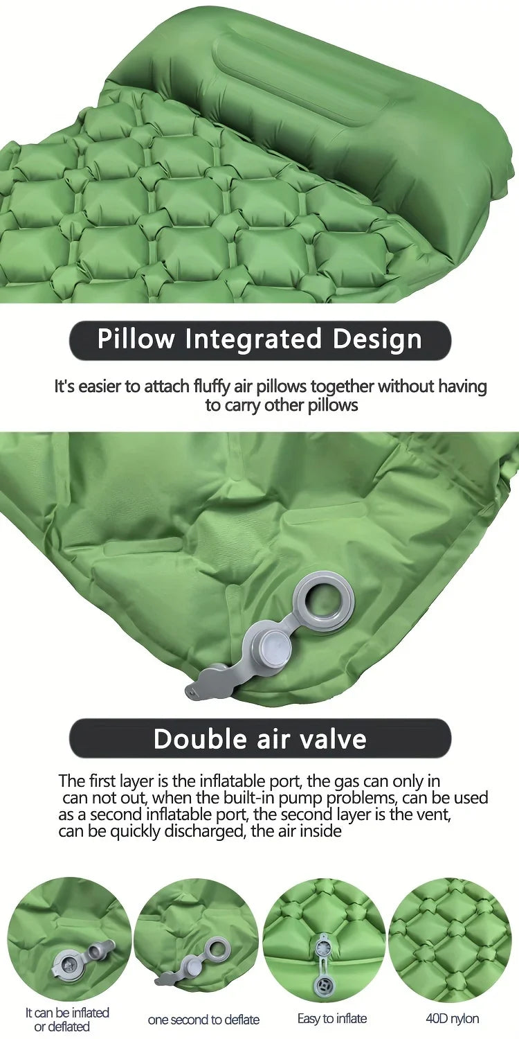 Ultralight Inflatable Camping Mattress with Pillows - Outdoor Sleeping Pad with Built-In Pump for Hiking