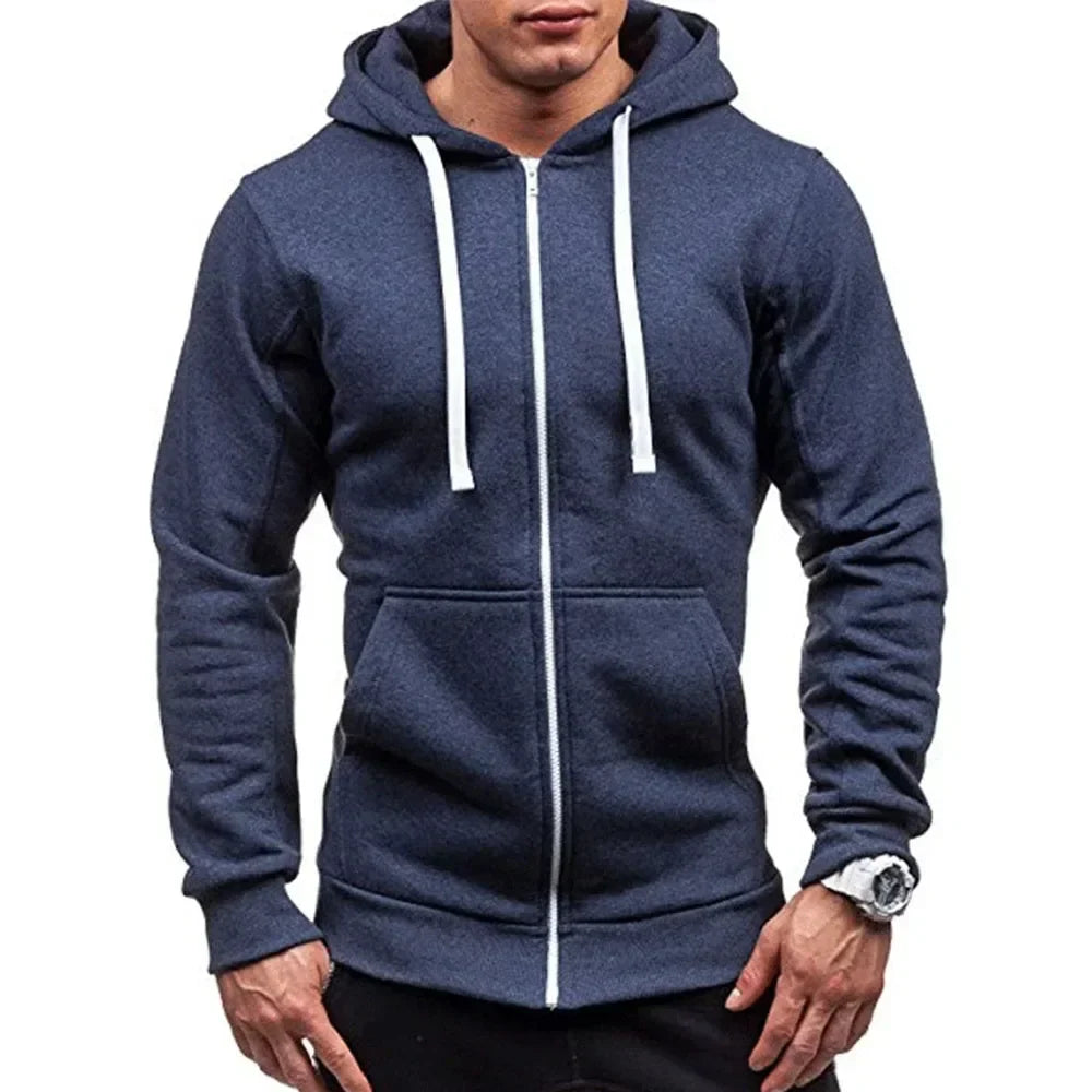 Men’s Casual Zip Hoodie – Solid Color Hooded Sweatshirt Jacket Cardigan for Spring & Autumn