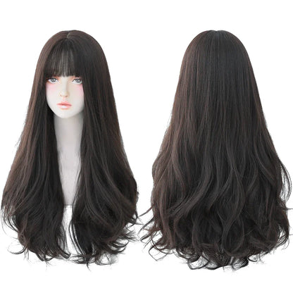 7JHH Brown Ash Long Deep Wave Lolita Wig for Women — Synthetic Hair with Bangs, Thick Curly Fashion Wig
