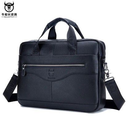 BULLCAPTAIN Men's Genuine Leather Briefcase – 14-Inch Laptop Shoulder Messenger Bag for Business & Office