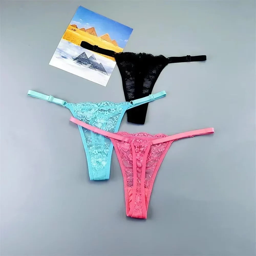 Women's Sexy Lace Thong Set - 3-Piece Sheer G-String Low Waist Plus Size Lingerie