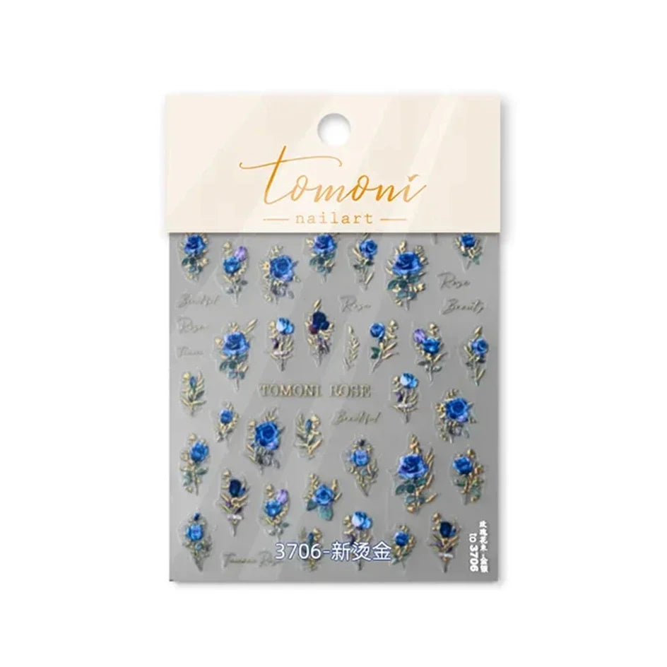 Vintage Rose Flower Nail Stickers – Red & Blue Laser Gold/Silver Nail Art Decals for Manicure Design DIY Beauty Tool
