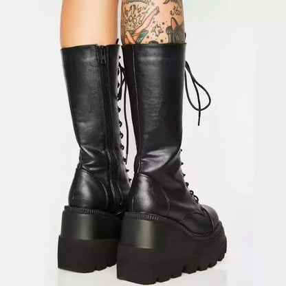 Women’s Winter Platform Combat Boots – Black Leather Punk Goth Military Ankle Booties