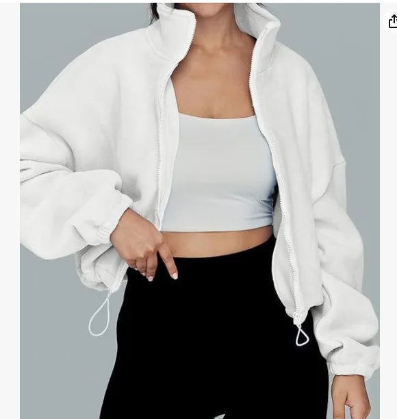 Women's Polar Fleece Zip Hoodie — Athletic Loose-Fit Crop Top with Stand Collar, Thumb Holes & Drawstring Hem for Fall/Winter
