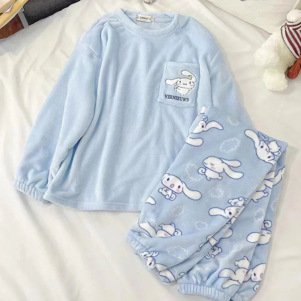 Sanrio Anime Cinnamoroll Pajamas, Kawaii Kuromi and My Melody Flannel Pullover, Coral Velvet Winter Warm Pajamas, Homewear for Girls Gifts