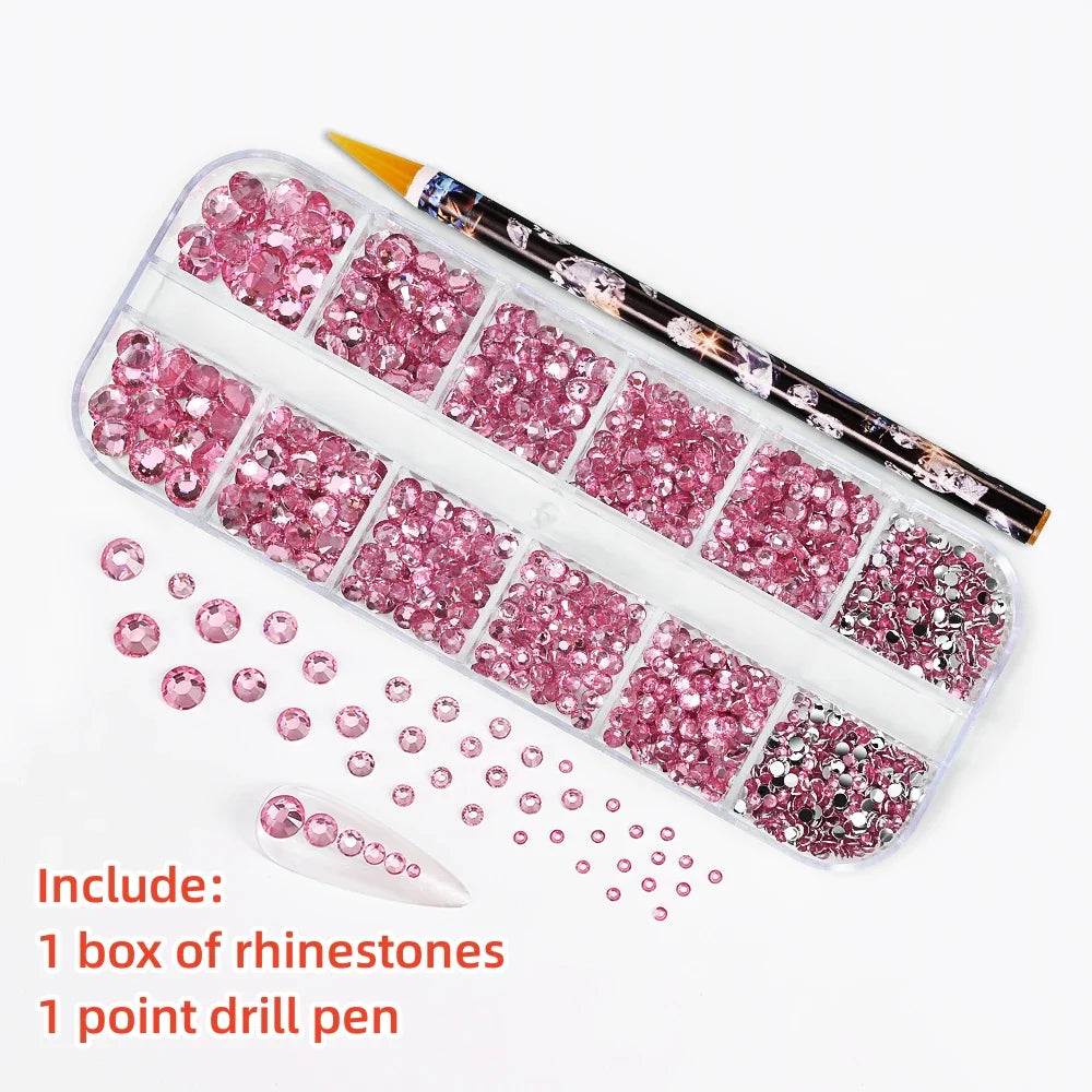 12-Grid 3D Glass AB Crystal Nail Art Rhinestones Kit – Flatback Round Beads with Tools for Nail Jewelry & Diamond Decoration