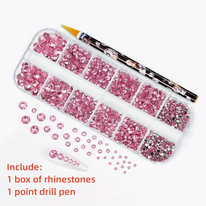 12-Grid 3D Glass AB Crystal Nail Art Rhinestones Kit – Flatback Round Beads with Tools for Nail Jewelry & Diamond Decoration