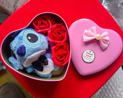 Disney Lilo & Stitch Plush Doll with Rose Bouquet – Gift Box & Flower Arrangement for Valentine’s & Christmas