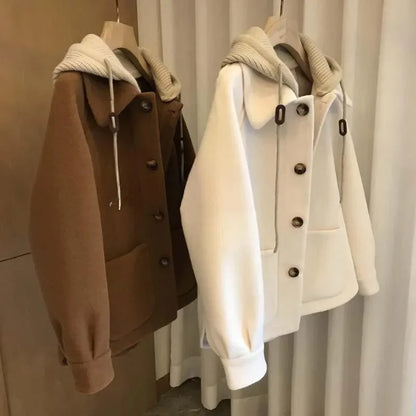 Plus Size Women’s Autumn Winter Jacket – Hooded Patchwork Fake Two-Piece Loose Coat, Stylish & Elegant Outerwear