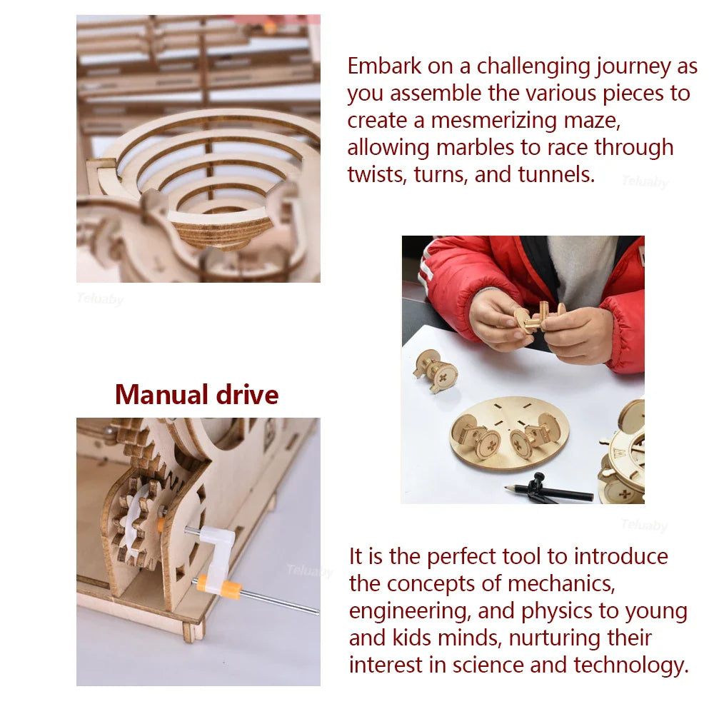 3D Wooden Puzzle DIY Mechanical Model Kit – Marble Run Set with 4 Balls, Assemble Toys for Adults & Kids, Unique Gifts