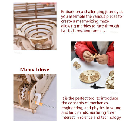 3D Wooden Puzzle DIY Mechanical Model Kit – Marble Run Set with 4 Balls, Assemble Toys for Adults & Kids, Unique Gifts