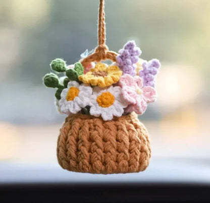 Cute Crochet Potted Plants Car Basket – Hanging Car Decor & Rear View Mirror Ornament Accessories
