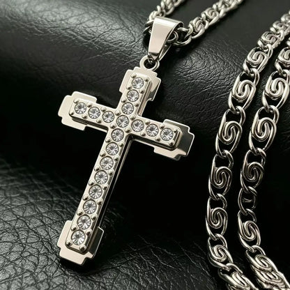 HNSP Stainless Steel Zircon Cross Necklace Pendant – Luxury Jewelry Accessories for Men & Women Fashion Gift