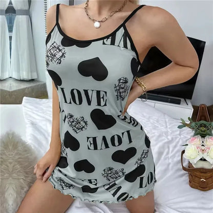 Women’s Cute Cartoon Nightgown - Sexy Halter Back Summer Pajamas & Home Wear Short Dress
