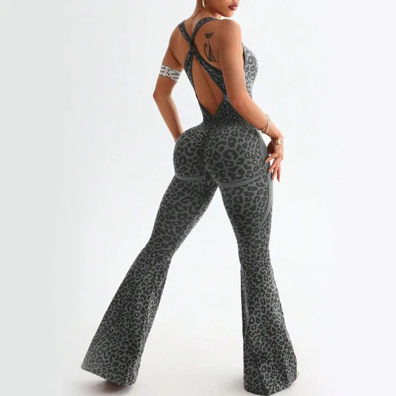 Women’s Seamless Leopard Yoga Jumpsuit – Padded Sleeveless One-Piece Gym Bodysuit Workout Sportswear Fitness Leggings Outfit