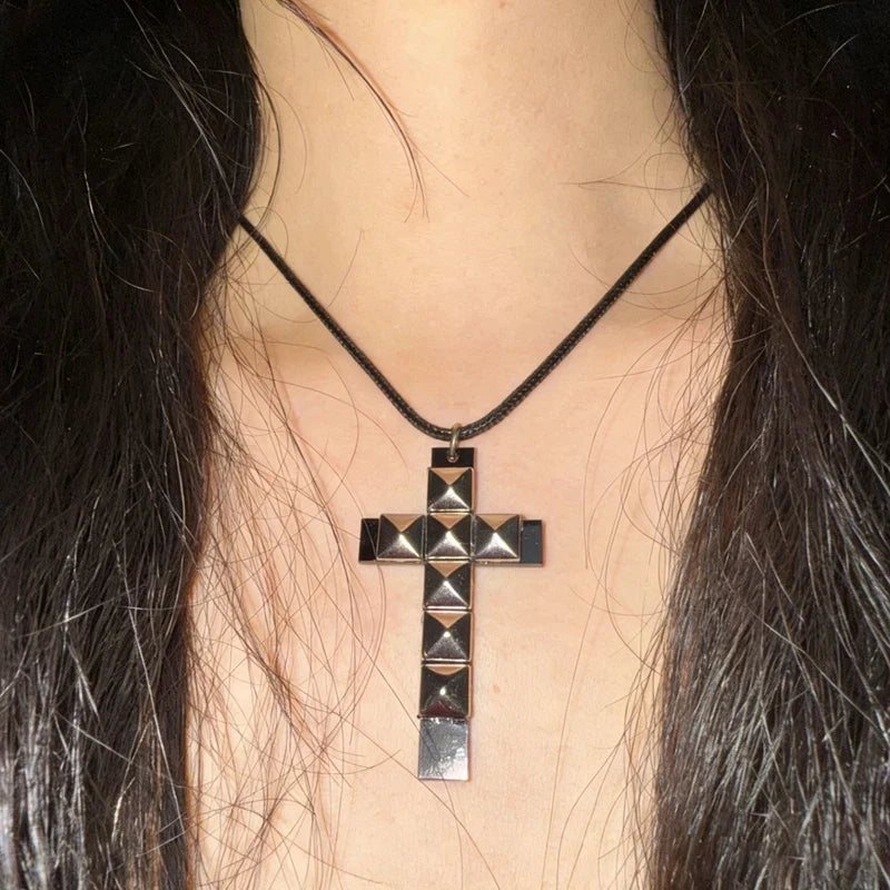 Punk Rivet Cross Pendant Necklace - Gothic Grunge Rock 90s Style Jewelry