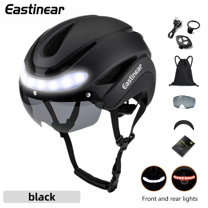 Eastinear Ultralight Road Bike Helmet with LED Lights – Magnetic Goggles & Sun Visor Cycling Racing Helmet for Adults (400g)