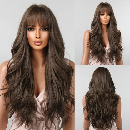 Brown Long Wavy Wig for Women with Bangs — Natural-Look Synthetic Hair, Heat-Resistant for Daily & Cosplay