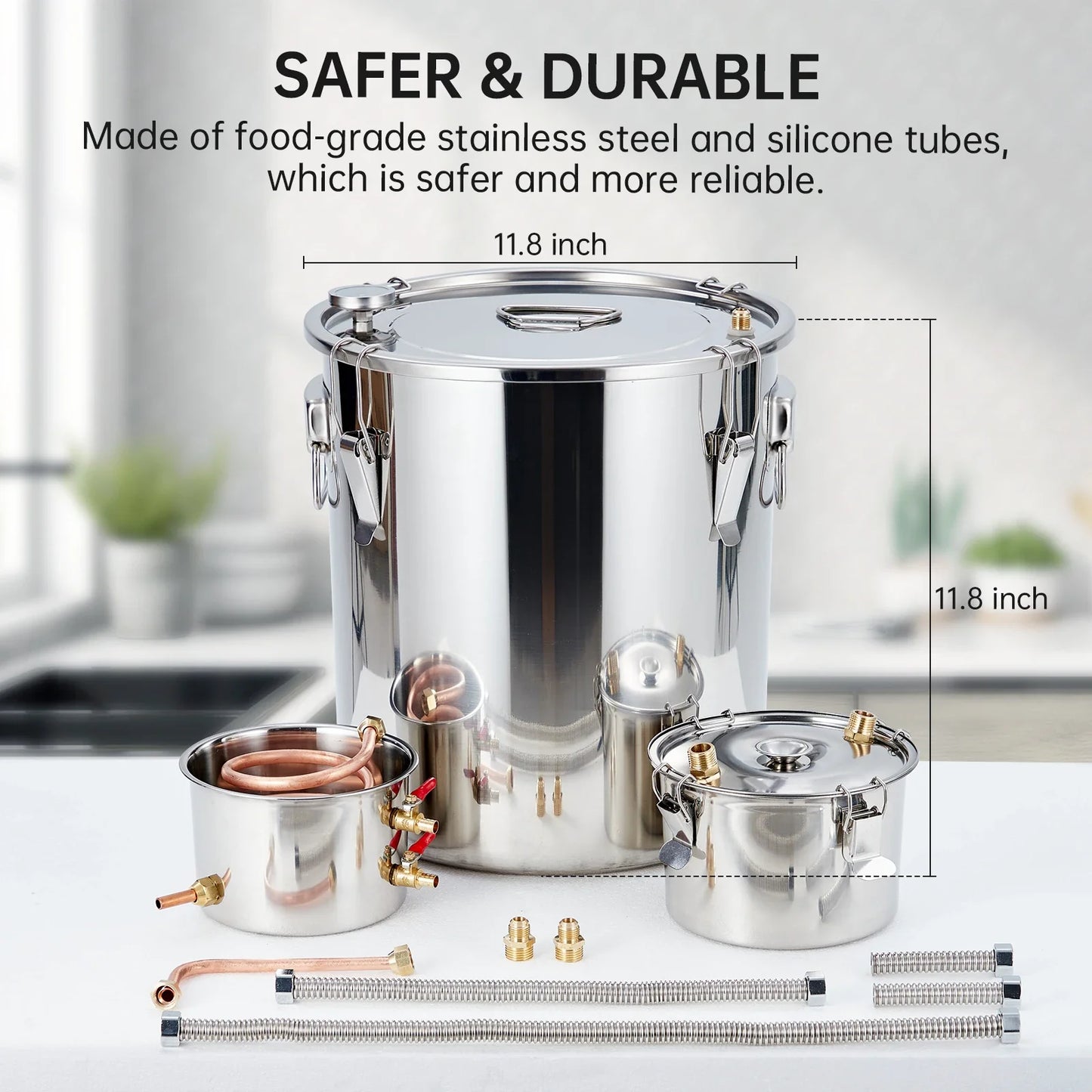 5Gal/19L Stainless Steel Water & Alcohol Distiller – Home Brewing Kit with Built-in Thermometer, Copper Tube, and Water Pump