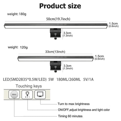 Eye-Care LED Desk Lamp 50cm – USB-Powered Screen Light Bar with Stepless Dimming for Reading & PC