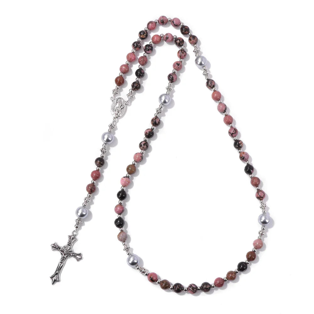 6mm Tiger Eye Rosary Beads Necklace – Catholic Jesus & Virgin Mary Pendant Long Knotted Chain Religious Jewelry for Men & Women