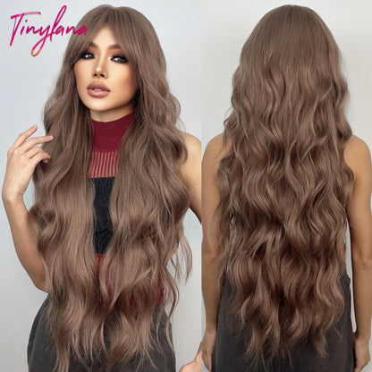 Super Long Curly Wavy Brown Synthetic Wig with Bangs – Heat-Resistant Afro Style for Cosplay, Party, Halloween, White Women