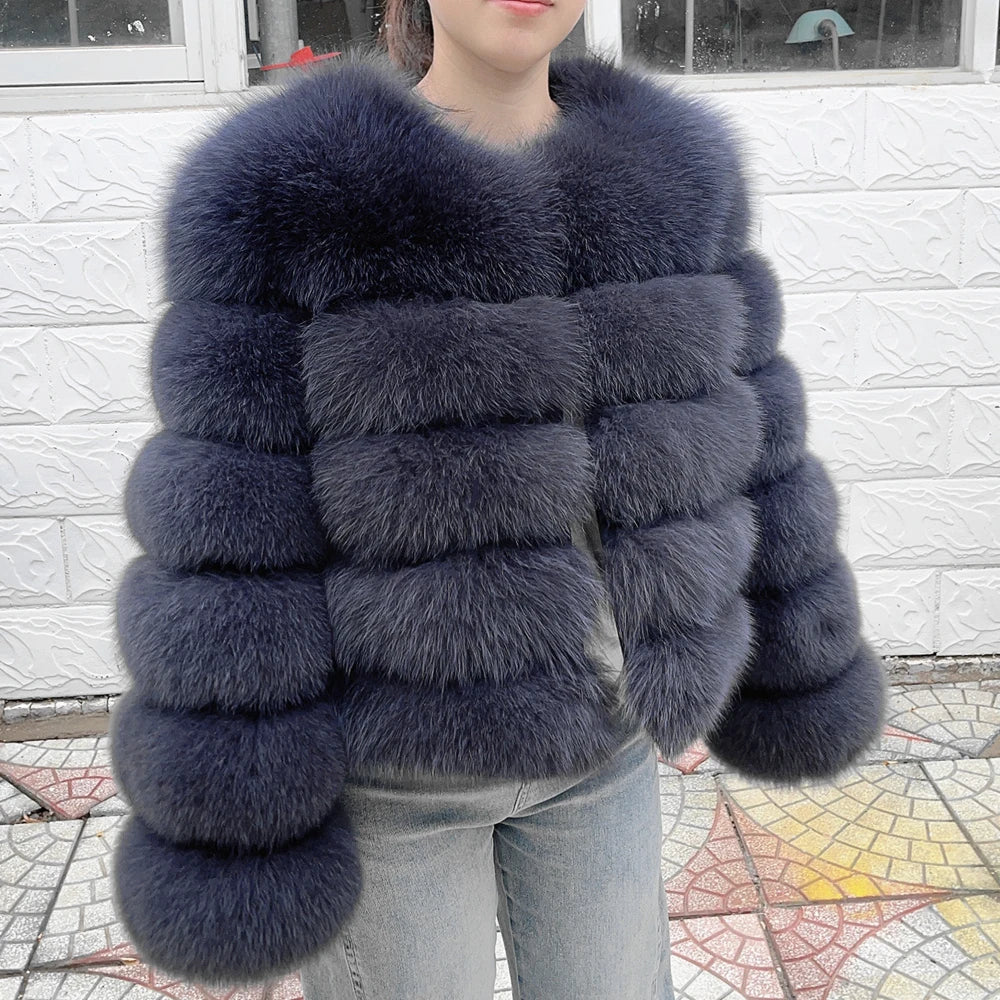 QUEENTINA Women’s Real Fox Fur Coat – Brown Leather & Skin Winter Fashion Outerwear 2025