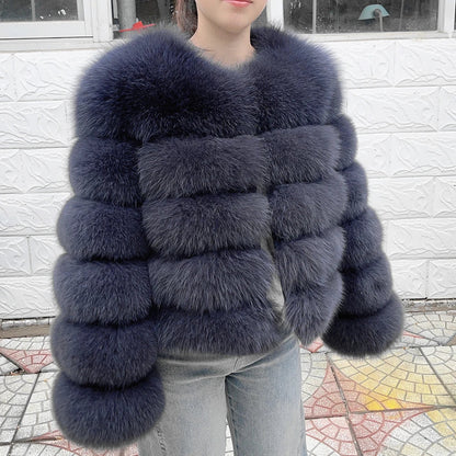 QUEENTINA Women’s Real Fox Fur Coat – Brown Leather & Skin Winter Fashion Outerwear 2025
